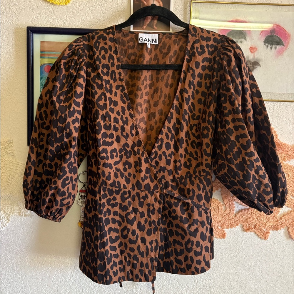 Ganni Brown and Black Leopard Print Blouse
